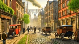 industrial steampunk street with cobbled pavement, steam cars, people, trees