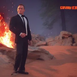 James bond,heroic,ultrarealistic, pig,fiverr,unreal engine, cinamatic lighting,"saving a woman",explosion,fire