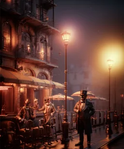 steampunk, cabaret scene. old man. little monkey, Sunglasses, rain, smoking, happy, hot. Many people background, highly detailed, concept art, unreal engine 5, god rays, ray tracing, RTX, lumen lighting, ultra detail, volumetric lighting, 3d, finely drawn, high definition, high resolution.