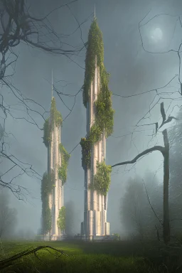 photorealistic landscape photography of a two symmetric creepy towers surrounded by many thin vines. dark atmosphere, miniature effect