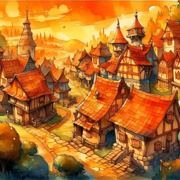 dnd, fantasy, watercolour, large strokes, stylistic, landscape, illustration, quaint little town, warm hues