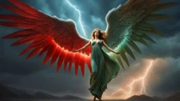 a powerfull angel with a filmstar face. huges wings. blues, green and red lightning. beautiful arms and hands. transparent nail polish. exquisite realism, a masterpiece, fantasy concept art, dynamic lighting, hyperdetailed, intricately detailed, deep color, volumetric lighting, Epic cinematic brilliant stunning intricate meticulously detailed dramatic atmospheric maximalist,