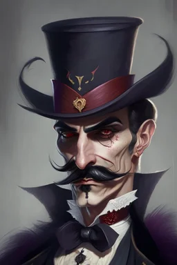 Strahd von Zarovich with a handlebar mustache wearing a top hat with a playful look on his face