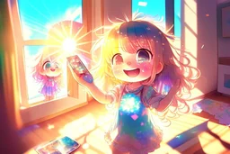 cute chibi holographic girl takes a picture in her hand and looks at it happily in a room in sunshine