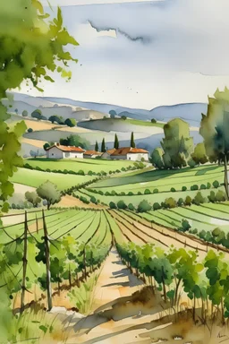 watercolor of a vineyard in france