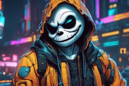 Sans in 8k cartoon artstyle, hacker them, neon effect, close picture, rain, fantasy world, intricate details, highly detailed, high details, detailed portrait, masterpiece,ultra detailed, ultra quality