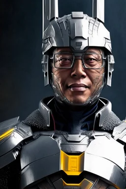 Cyborg armor with helmet on head serious face