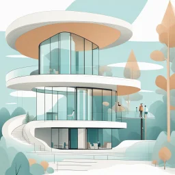 Vector illustration of a modern, neo-futufist country house with innovative shapes and curves. Concrete and glass materials. Trees, people