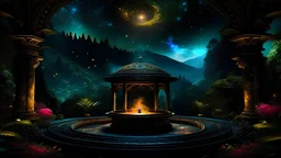 a round podium for meditation ,my dreams . day landscape, In the garden my mind bows . meditation .the meditation in the midst in the callifornia jungle garden , mountains. space color is dark , where you can see the fire and smell the smoke, galaxy, space, ethereal space, cosmos, panorama. Palace , Background: An otherworldly planet, bathed in the cold glow of distant stars. Northern Lights dancing above the clouds in Amazon . Fantasy gate floating in the universe