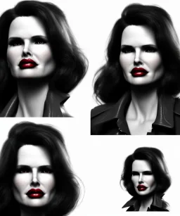 Geena Davis as femme fatale in a leather coat. black and white. film noir. hollywood. low key. contrast. cold lights. high detailed.