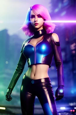 Futuristic fantasy character, portrait from waist up, physically fit, latex and leather attire, blue eyes, pastel hair, intricate eyeliner, vibrant eyeshadow, clear completion, soft lighting, 4k resolution, intricate details, insanely detailed, colorful cityscape background, masterpiece, expert, cinematic smooth, retroanime style, realistic details, no helmet
