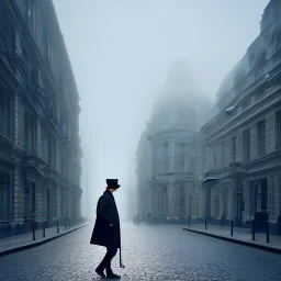 a man wearing a trench coat and hat walking down the street of london, lots of fog, dramatic, dramatic lighting, volumetric lighting, hyperrealism, 8k, high quality, photorealistic, lot of details