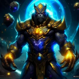 A terrifying creature combining water and sun with the powers of a werewolf and Dracula A battle suit made of galaxies and stars with a glove that has seven endless stones with thanos Infinity Gauntlet