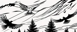 2 birds being chased through the air by an eagle, they each trail a graphic line behind them, and lost feathers, black on white vector