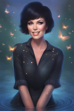 3D Bubbles, Floating hearts with an electrical current, fog, clouds, somber, ghostly mountain peaks, a flowing river of electric water, fireflies, a close-up, facial portrait of a totally gorgeous Marie Osmond with short, buzz-cut, pixie-cut Black hair tapered on the sides, wide open, cobalt blue eyes, smiling a big bright happy smile, wearing a hoodie over a red bikini, in the art style of Boris Vallejo