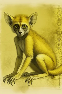 A pale yellow light elemental lemur designed in ancient Egyptian hieroglyphics painted by Albrecht Durer