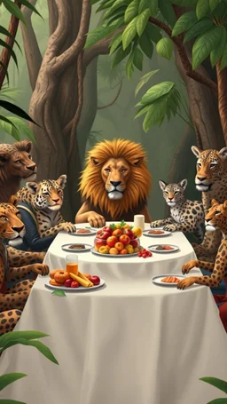 Animals in the jungle gathering for food on a dinar table, the lion and his wife are sitting at the end , all animates are dressed nice suite