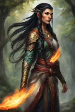 Generate a photo of a potent eladrin Druid. Picture a female with long black hair, half braided and half down, seemingly ablaze as if made from fire. She opts for light armor, emphasizing agility in tandem with her mastery of fire and magic. A noticeable scar on her face tells of past battles. Visualize her skillfully conjuring fire from her hands, complemented by big, bright red eyes that gleam like flames. The tanned brown skin adds to her warrior aesthetic, embodying strength and elemental pr