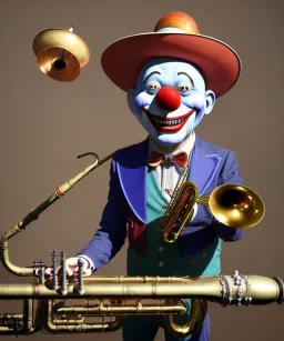 mechanoid smiling friendly clown playing jazz with a steampunk theme, trumpet, realistic