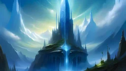 Celestia's Spire a city carved into a colossal crystal mountain, gleaming with inner light, its pinnacle piercing the sky, veiled by swirling auroras.