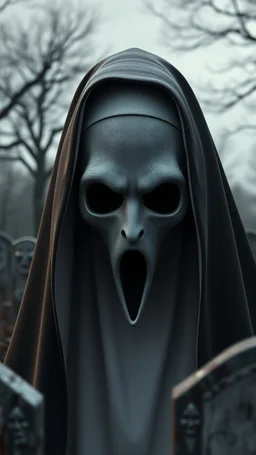 a front view of the Nun face from the horror movie, standing in the grave yard in a 3d rendering full-height image of a grim and dark scene. Ensure the final images exhibit the utmost quality, encompassing 4K, 8K, and 64K resolutions, with 3D rendering that manifests in photorealistic, hyperrealistic, and highly detailed representations. Employ techniques such as HDR, UHD,