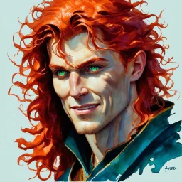 dnd, fantasy, watercolour, portrait, illustration, male, face, green eyes, determined, happy, red hair, very long hair, radiating light, five o'clock shadow