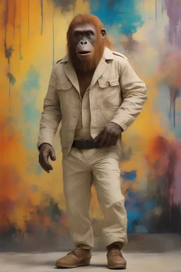 Doctor Zaius the orangutan from Planet of the Apes wearing a tan jacket, cream colored shirt, light tan khaki trousers with black slip-ons - extremely colorful, multicolored paint splattered wall in the background, oil painting by Leonardo da Vinci