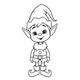 A black and white cute drawing of an Christmas ELF. Only outline, white background,for kids. The illustration should be in [SUPER SIMPLE], black and white, bold line art with a clear, mostly empty background. [INCLUDES ONLY OUTLINES WITH NO FILLED IN BLACK AREAS], ensuring no shading, no complex images, and making it very easy to color in between the lines.