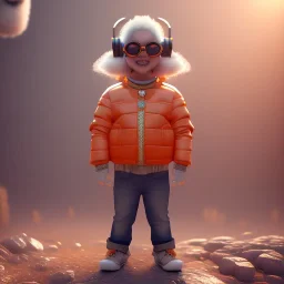 Sheep toddler, smile, steampunk headphone, sunglass, gangsta neckless, full body, orange puffer jacket, tokio background, dramatic lighting, hyper realistic, unreal engine 5, 16k