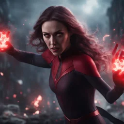 wanda maximoff com olhos vermelhos de magia, destruindo tudo, mulher ameaçadora, terror, 4k render, cores escuras, cinematográfico