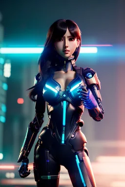 Futuristic anime cyborg, portrait from waist up, intricate eyeliner, vibrant eyeshadow, clear completion, soft lighting, 4k resolution, intricate details, insanely detailed, colorful cityscape background, masterpiece, expert, cinematic smooth, retroanime style, realistic details, no helmet