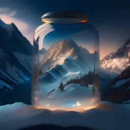 The entire Alpine snow-capped mountains are contained in a glass jar，Ultra photo realsisim，ultra - detailed，dramatic lights，4k，Colorful environment