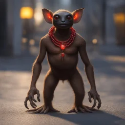 a detailed close-up captures a brown creature with a black face, large brown eyes, and a red necklace around its neck. its hands are positioned on its hips, and its feet are firmly planted on a gray pavement. the creature is bathed in a warm, yellow light, casting a soft glow on its face and surrounding environment. in the background, a string of yellow lights adds a festive touch to the scene.,bokeh like f/0.8, tilt-shift lens 8k, high detail, smooth render, down-light, unreal engine