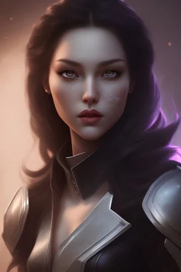 she is a beautiful young woman, black hair, and brown eyes, she is a classic rogue rogue, wields a dagger that shines with a purple light, outlines a malicious look on her face, wears armor made with leather highlighting, dark alley in background, soft lighting, close up, ultra realistic, unreal engine, 8k, impressive