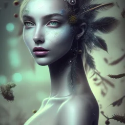 Portrait of beautiful abstract girl, face dept of field,face shinning, plant, metal,lens blur,Unsharp masking,Açıklamalı resimler, feathers,central weight average,Laplacian filt CWA Dryad,Median filter fae, sidhe, ominous, nature, plants, wildflower sparkle,facepaint, dnd character portrait, intricate, oil on canvas, masterpiece, expert, insanely detailed, 4k resolution, retroanime style, cute big circular reflective eyes, cinematic smooth, intricate detail , soft smooth lighting