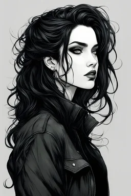create a side profile, shoulder to heads, comic book style, pencils, of a dark haired, savage, dressed in black casual clothing, messy hair, goth girl