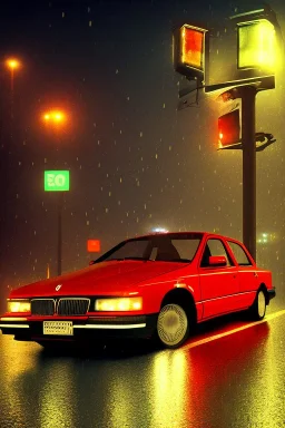 A 1990s car standing in front of a red traffic light, empty street, Cairo, 1990s, night time, rain, winter, movie scene Nick Harris style