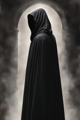book cover of a cloaked figure facing away from the viewer. looking to the side holding up the left arm looking down at it.
