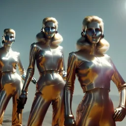 Ultra Realistic retro sci-fi movie scene, waist up view portrait, 5 clones blonde women, sweet young Claudia Schiffer face, perfect iris, glow eyes, face makeup, with weapon. Mars background, Retro sci-fi style, helmet, tight latex coat, fog, rain, soft color, highly detailed, unreal engine 5, ray tracing, RTX, lumen lighting, ultra detail, volumetric lighting, 3d, finely drawn, high definition, high resolution.