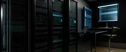 uma imagem realistica dentro da sala de servidores perto de um Rack mostrando os cabeamentos e com um monitor de rack com codigos aparecendo nele