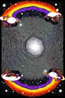 Champagne supernova in the sky; Surreal celestial black and white optical art with cosmic and planetary elements in a swirling color palette of matisse