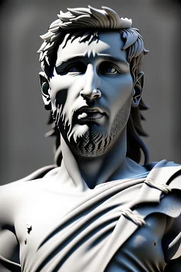 Ultra Realistic image, Roman sculpture, white marble material, Lionel Messi, sun radial crown, chisel style, waist up portrait, epic, celestial, cinematic lighting, God light, god rays, 4k resolution, smooth details, ornate details, soft lighting, unreal engine 5, marble background.