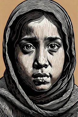 create a deeply powerful tragic, heart wrenching, and evocative, full body woodcut of a raw and weathered young Muslim refugee girl with highly detailed and deeply cut facial features, lost in a horrific post apocalyptic Gaza, in the style of KATHE KOLLWITZ , searing lines and forceful strokes