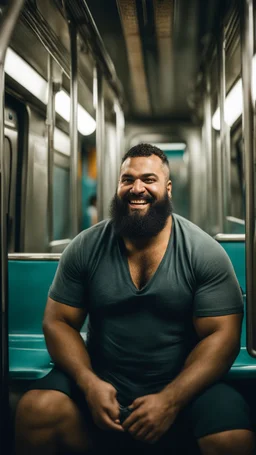 photography of an ugly arab chubby burly muscular strong man 41 years old with long beard, curly hair , sweat, big shoulders. manly chest, hairy , smiling mouth, photorealistic ,big shoulders, shirtless, boxer, barefeet, side light, sitting in a crowded subway wagon , neon lights , barefeet, side light, sitting with open legs inside a crowded subway wagon , neon lights, barefeet, side light, frontal view