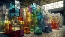 Post-apocalyptic scene with numerous glass cubes and horizontal concrete structures. Embedded with vertical and horizontal light fixtures of various colors.
