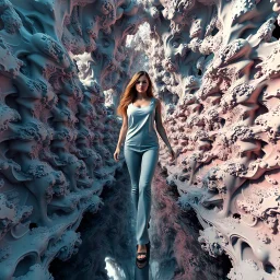 A full-body shot of a beautiful lady walking and looking at the camera 3D fractal world.3d recursive structure environment