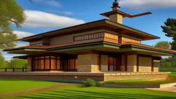 A Frank Lloyd Wright-inspired prairie house, blending horizon lines.