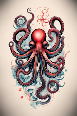 Create a captivating modern 2d colorfull ink tattoo design for print , prestigious (Japanese Octopus) using the elegant influences of japan art style, for print, dynamic elements from fashion and design, and bold Japanese contemporary art aesthetics, framing centered in the center, distanced from the edges of the paper perimeter, perfect anatomy, bauhaus, Divine Proportion,