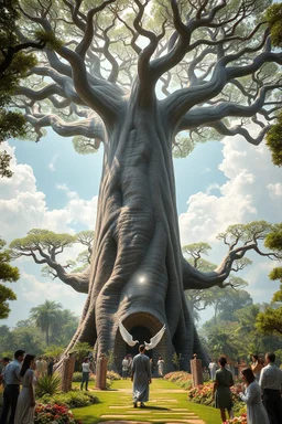 A hyper-realistic, A heavenly garden with a towering baobab tree, surrounded by people and angels in a peaceful embrace. , Photo Real, 64k
