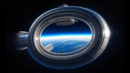 circular, tube, space station over a planet, photorealism